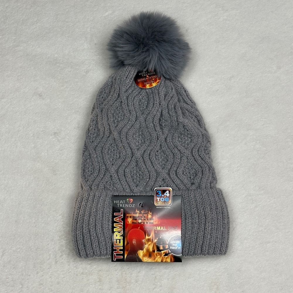 Heat Trendz Women Gray Cable Knit‎ Faux Fur Pom Pom Thermal Beanie Hat